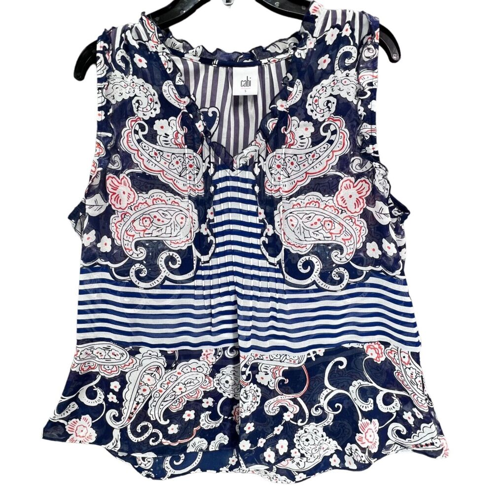 Cabi Blouse Womens S Blue Paisley Stripe Peplum Sheer Ruffle Top #5349 Fairy